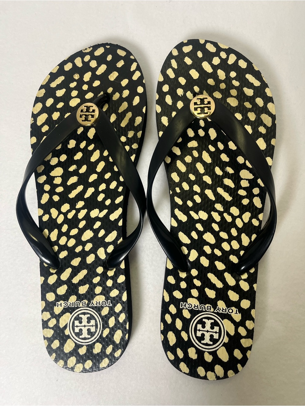 Tory Burch Gold Logo Spotted Print Flip Flop Beach Sandals Black White Women 10